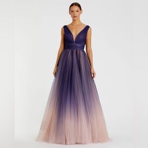 MAC DUGGAL Purple Sleeveless Ombre Tulle Ball Gown Maxi Dress